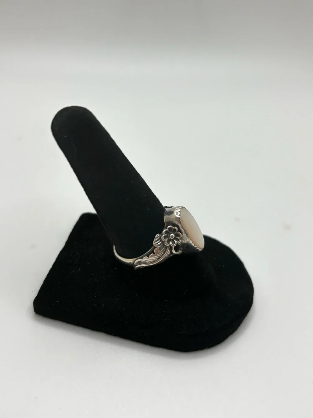 Sterling Silver White Opal Oval Ring - Elegant Floral Accent